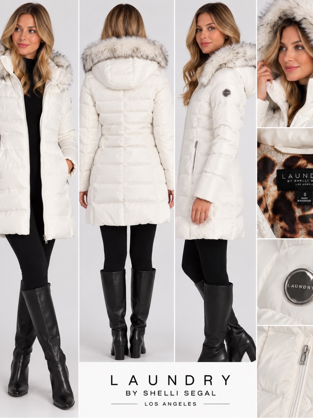 Laundry By Shelli Segal White Faux-Fur Trim Puffer Coat with Hood